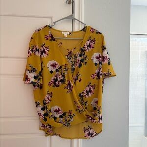 Charming Charlie Yellow Floral Wrap Blouse